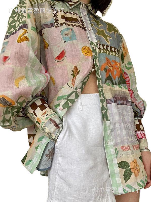 European & American Women's Long Sleeve Printed Shirt - Casual, Fashionable, Lapel Design for Business and Everyday Wear.