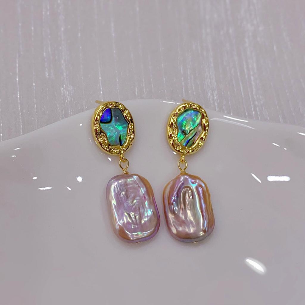 Retro Square Natural Pearl Pendant Earrings for Women's High-end Sense Colorful Abalone Shell S925 Silver Needle Earrings 2026