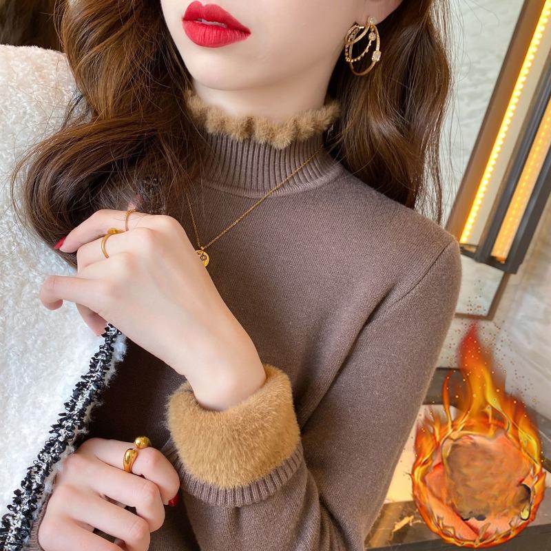 Winter Female Plush Sweater Women Half High Collar Long Sleeved Thickened Velvet To Keep Warm Knitwear Lady Versatile Solid Color Basic Pullover