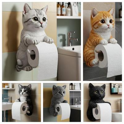 Wall Mounted Decorative Cat Toilet Paper Holder Resin Funny Animal Roll Storage Rack for Kitchen Bathroom Counter Home Cottage