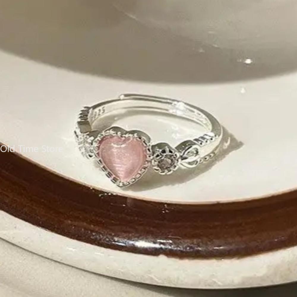 Trend Pink Love Heart Crystal Rings for Women Love Zircon Open Ring Irregular Aesthetic Girl Rings Jewelry