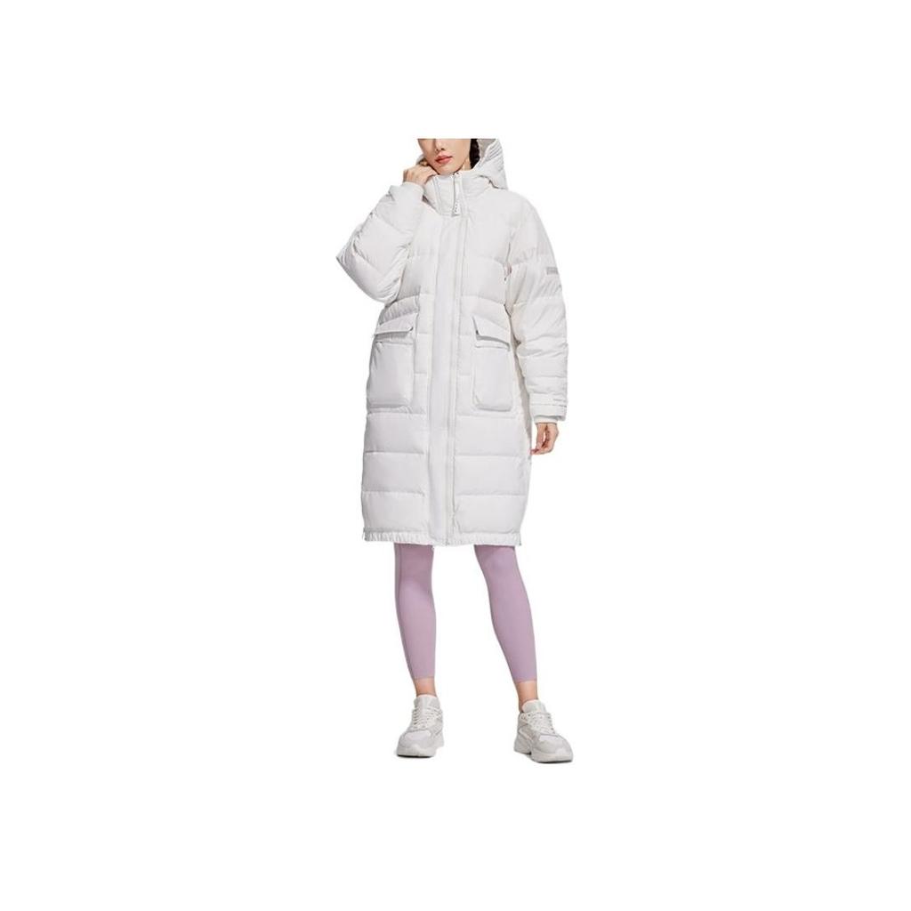 Li Ning Fitness Series Solid Color Storage Pocket Detail Mid-Length Hooded Down Jacket Women Outerwear White AYMS034-1