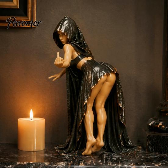 Vintage Gothic Shelf Sculpture Forbidden Library Witch Resin Statue Decor, Gesture Hooded Figurine, Mysterious Tabletop Decor Medieval Fantasy