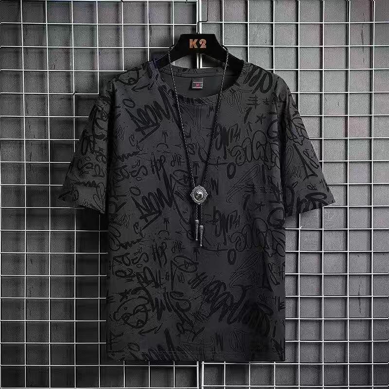 Vankex Men's Trendy Creative Print Loose Round Neck Five-Point Sleeve T-Shirt