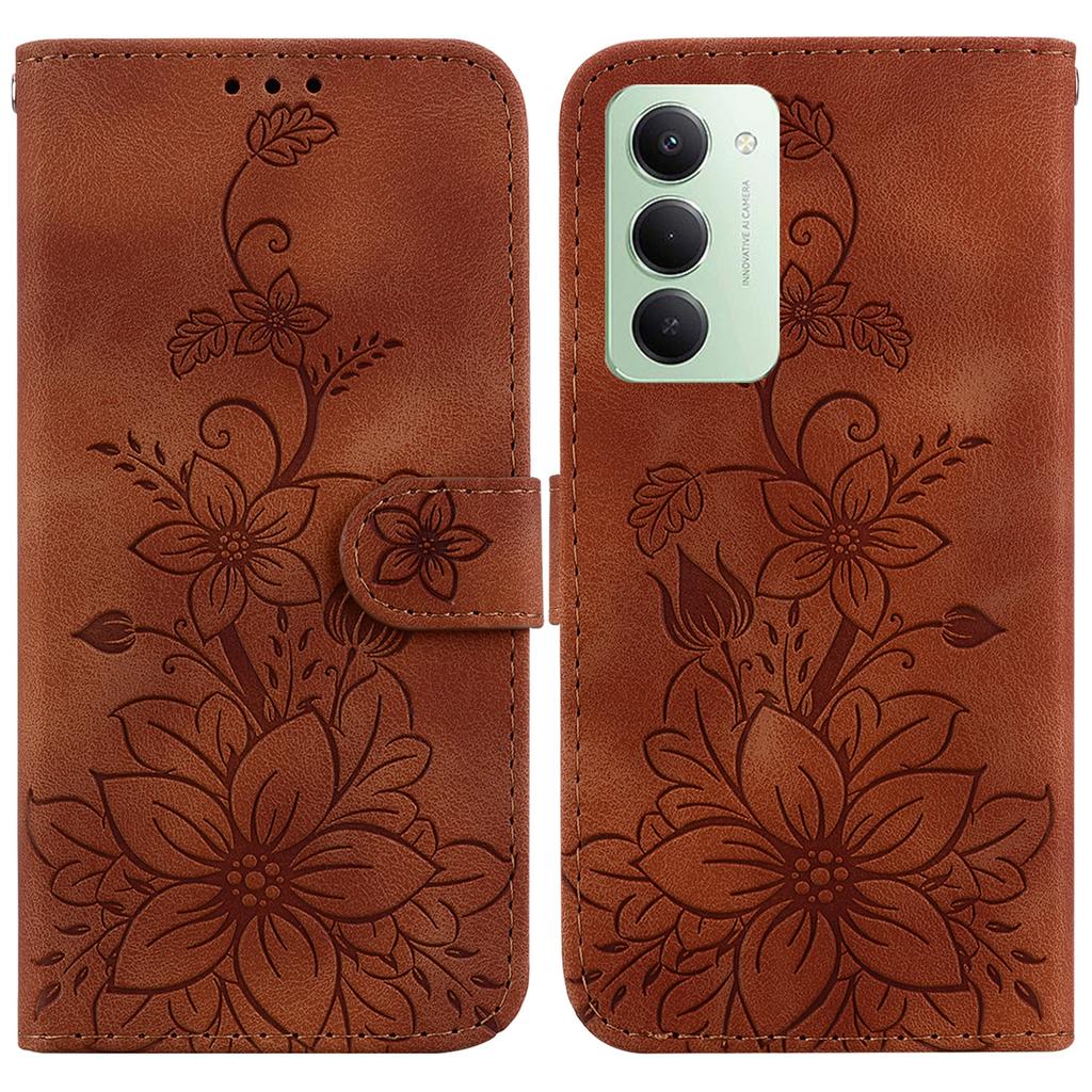 For Xiaomi Redmi 15 4G (EU) (171mm) Stand Case Lily Flower Imprint Leather Phone Cover with Wrist Strap