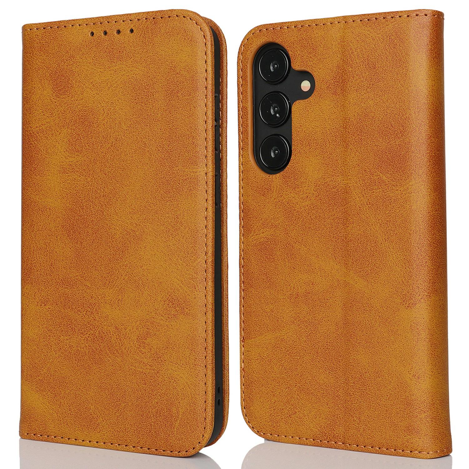 

For Samsung Galaxy S25 Case PU Leather Calf Textured Magnetic Closing Smart Phone Cover Light Brown