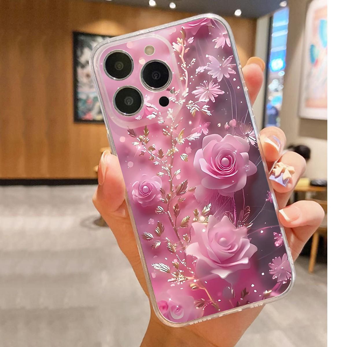 Pink Floral Shockproof Clear Case for iPhone 15-17 Promax/14 iPhone 17 Promax прозрачный