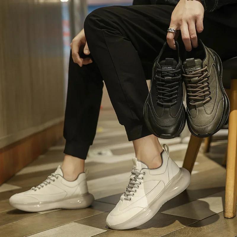 Fashion High Quality Men's Two-layer Cowhide Sports Sneakers Non-slip TPU Leather Breathable Running Shoe White Versatile Sports Shoes