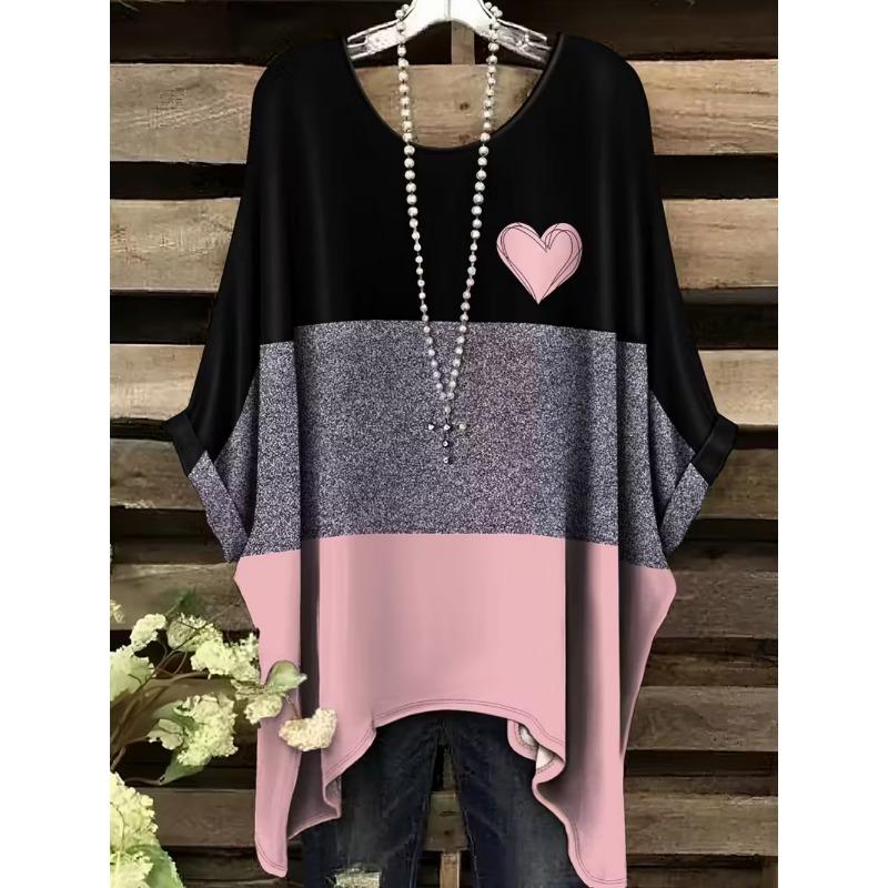 Elegantes Bohemian Chic Übergroßes Einfaches Retro Liebesdruck Druck Damen T-Shirt Asymmetrischer Saum Rundhalsausschnitt Vielseitige Damenbekleidung