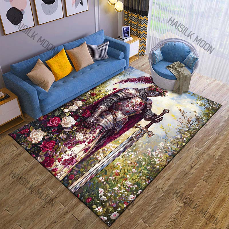 Knight, Armor, Sword, Roses Carpet for Living Room Bedroom Sofa Home Decor Rus Non-slip Floor Mat Luxury Gift Multiple Sizes
