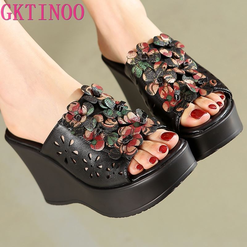 Fashion GKTINOO Summer Woman Shoes Platform Slippers Wedge Genuine Leather Women High Heel Slippers For Women Retro Sandals Female Shoes