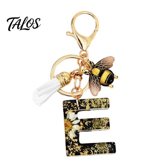 Talos Black Series Keychain Pendant, Dried Flower Initial Letter Charm Key Chain with Bee Tassel Design, A-Z Holder for Bag Purse Backpack