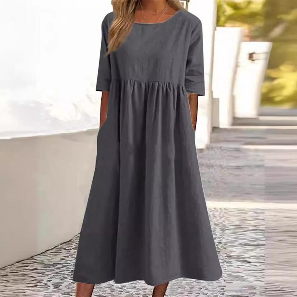 Women's Round Neck Short Sleeve Loose Casual Long Retro Dress