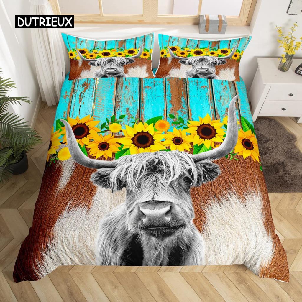 Kuh Bettbezug Set Twin King Size Bauernhoftier Bettwäsche Set Grüner Rankenblätter Druck Bettdeckenbezug Rustikale Holzbrett Steppdecke