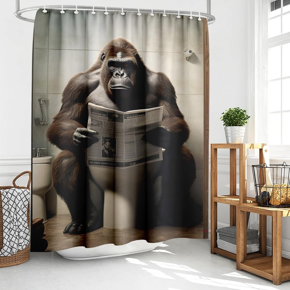 Humorous Doberman Toilet Shower Curtain, Doberman Pcher Reading Newspaper On Toilet, Waterproof Fabric Bath Curtain