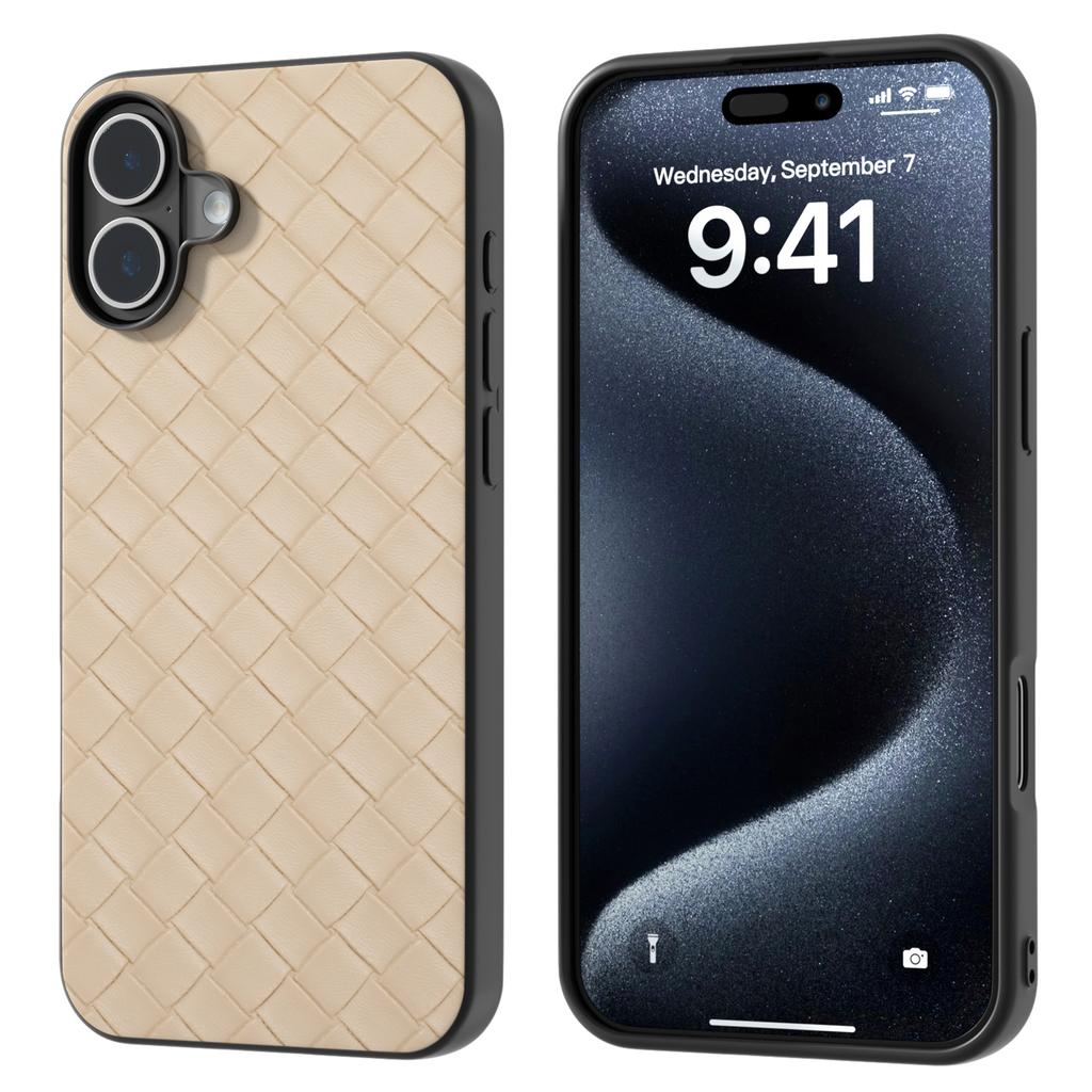 For iPhone 16 Plus Case Woven Texture Leather+PC+TPU Hybrid Phone Cover