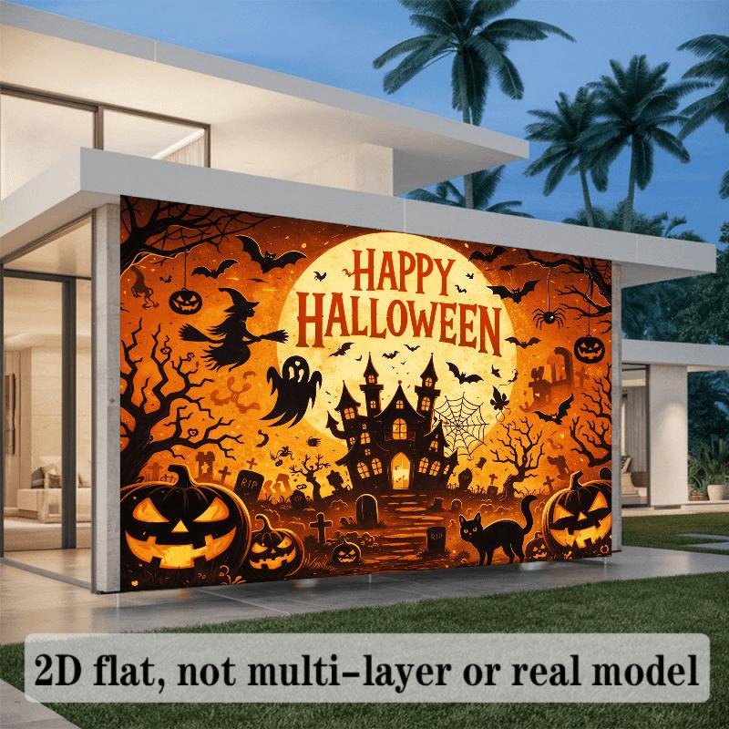 2D planar Halloween party banner background. Halloween theme featuring pumpkin lanterns flying witches and ghosts.zyc