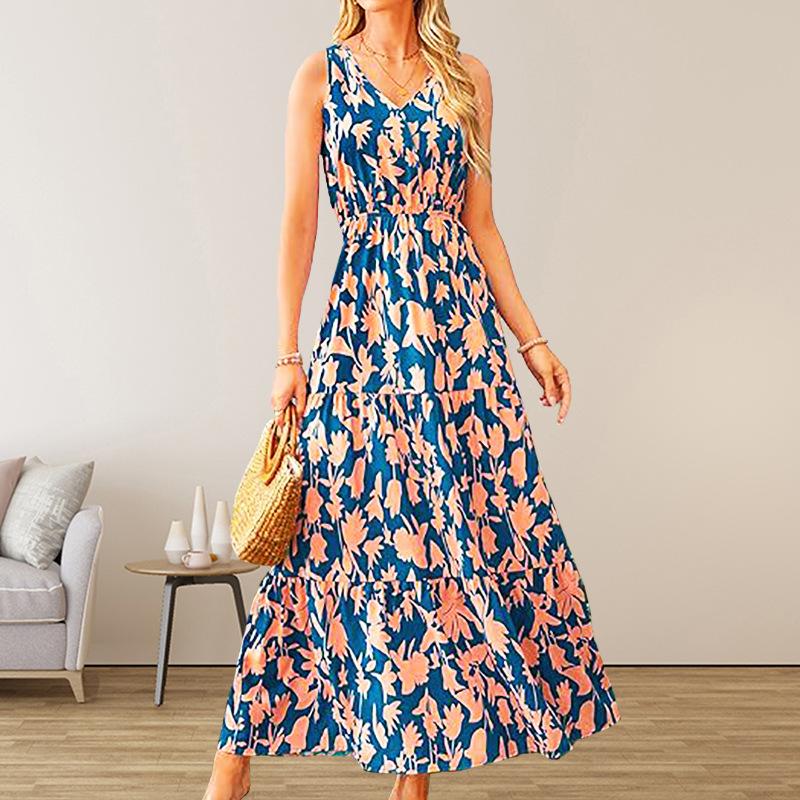 2025 Summer Women's Fashion New V-neck Casual Printed Sleeveless Dress