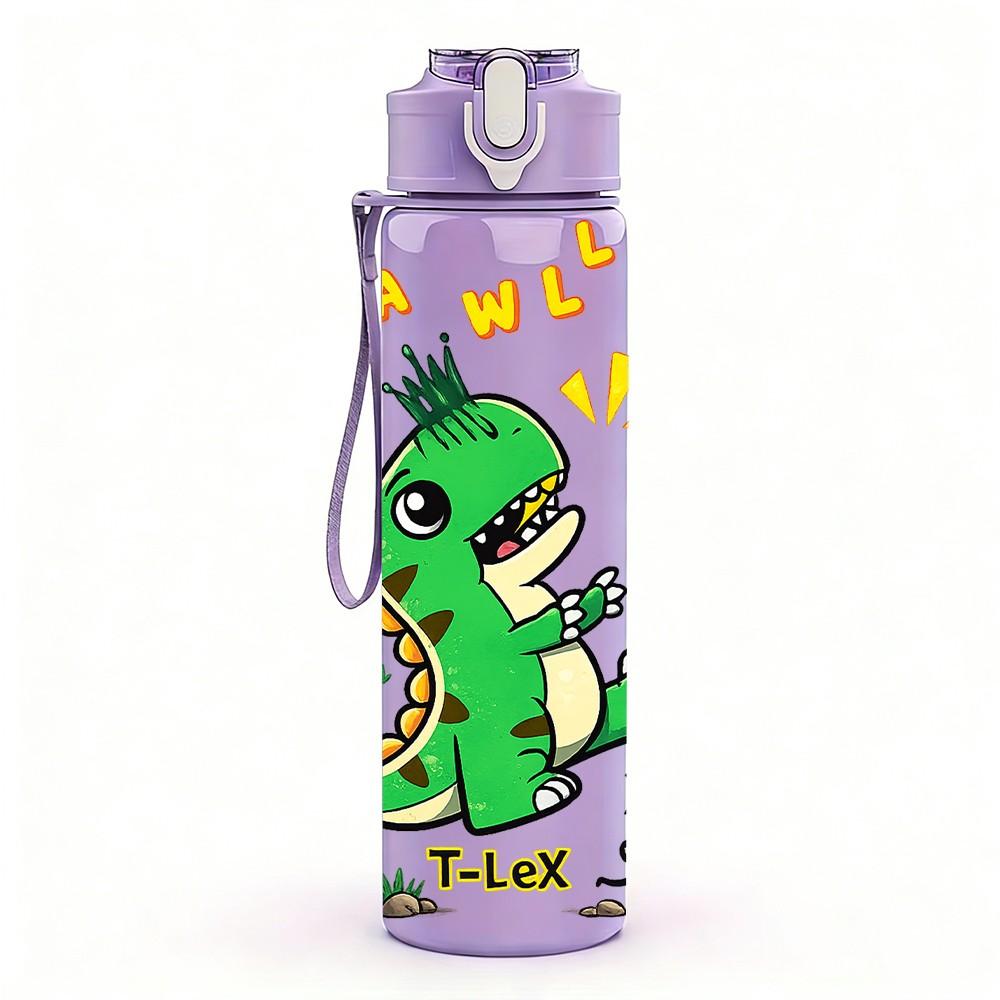 1PC Green Dinosaur Fun Kids Cartoon Print 750ml Color Plastic Sports Water Bottle Leakproof Flip Straw Lid Suitable for Sports Office Home Use