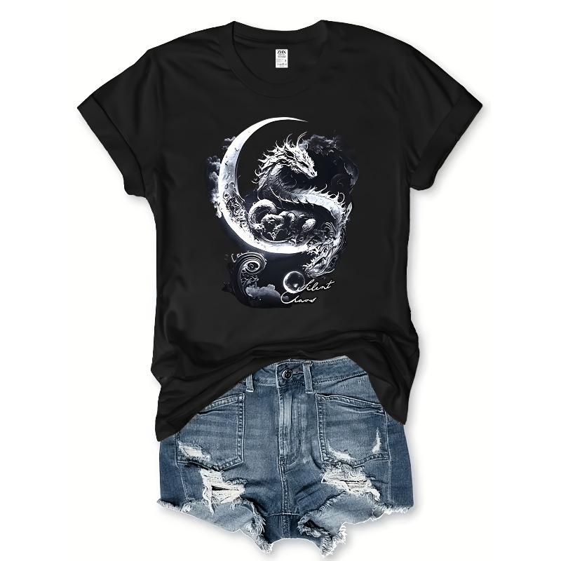 European Size Silent Claws Text Dragon Pattern Print Women's Round Neck Short Sleeve Soft Skin-Friendly T-Shirt