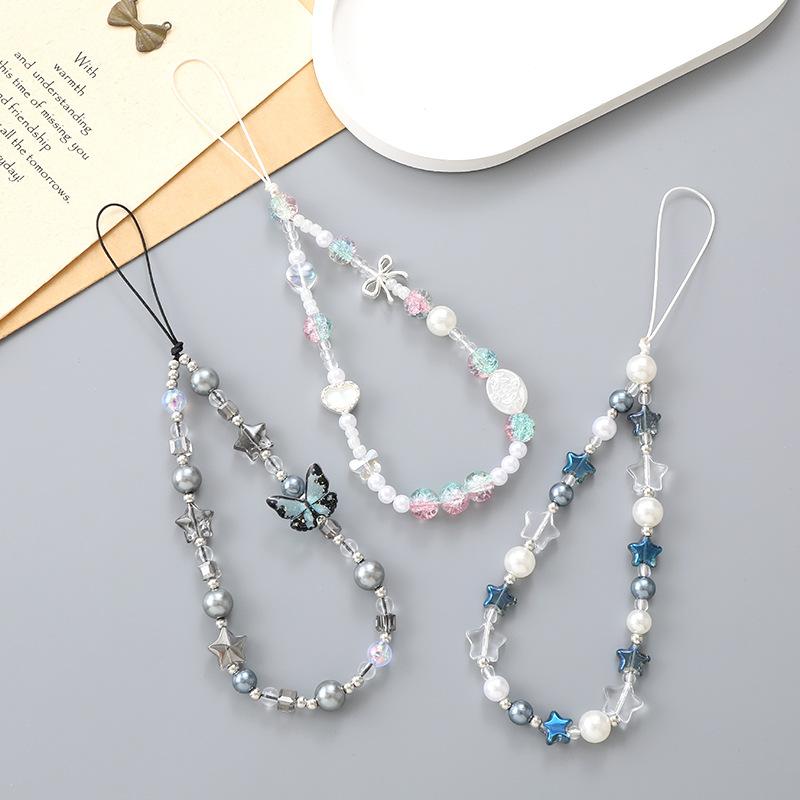 Sweet Cute Pearl Pentagram Phone Lanyard Chain  Keychain Phone Shell Pendant Hanging Rope Anti-Lost Camera Lanyard Strap