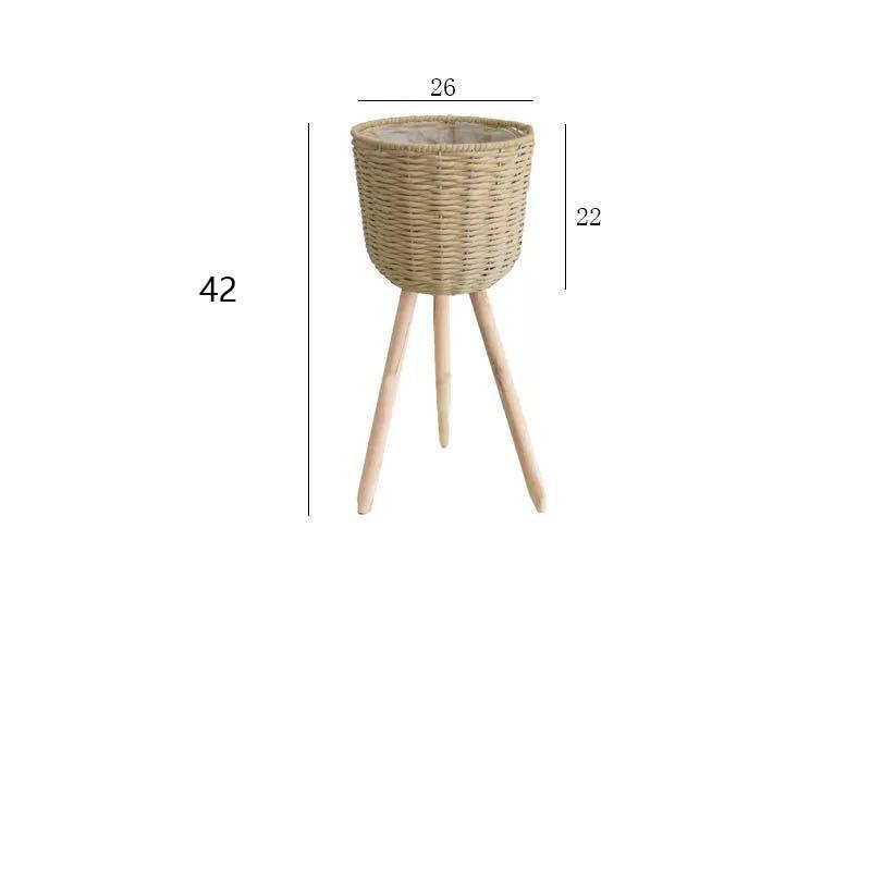 Nordic Rattan Straw Flower Basket with Wooden Stand for Indoor Decoration