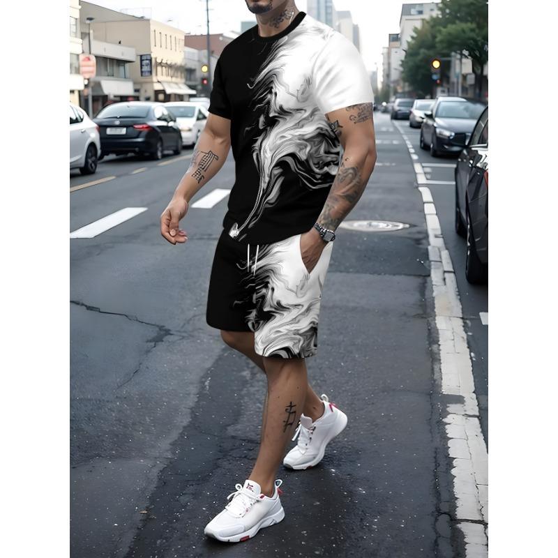 New Summer Men's Set Men's Street King T-Shirt Two-Piece Set Casual Wear Loose-Fit Crew Neck Beach Sports Set