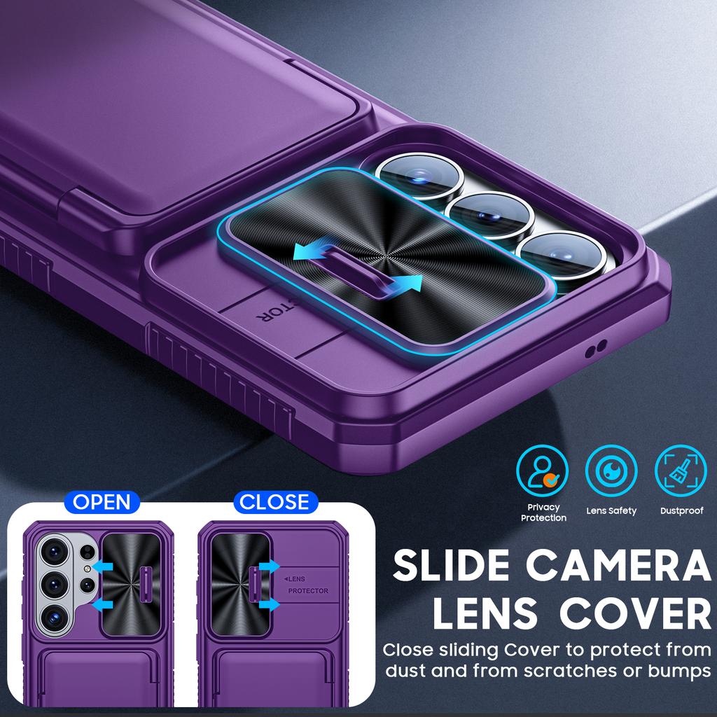 Su kortelių laikikliu, slankiojančiu kameros dangteliu ir stoveliu, skirtas Samsung Galaxy S26 Ultra telefono dėklas, apsaugantis nuo kritimo, PC+TPU piniginės dėklas - Violetinis