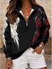 Women's casual rose wing print half-zip off-shoulder print autumn and winter sports comfortable sweatshirt