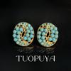 Vintage Turquoise Inlaid Brooch and Earrings Set - Elegant Retro Design