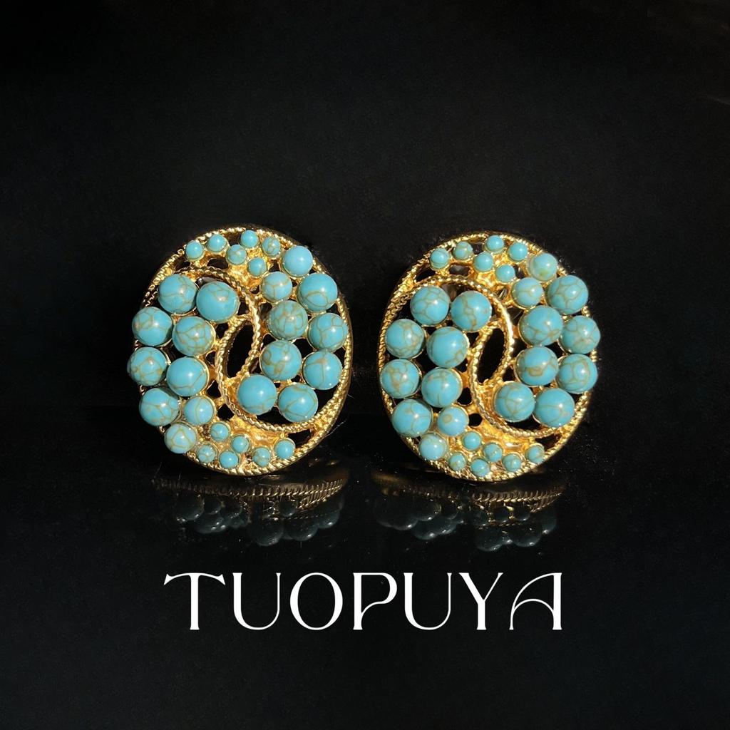 Vintage Turquoise Inlaid Brooch and Earrings Set - Elegant Retro Design