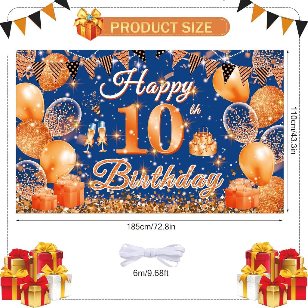 Large Happy 10th Birthday Banner Blue and Orange Ten Birthday Party Decorations Blue Orange 10 Year Old Backdrop Décor Supplies for Boys Girls