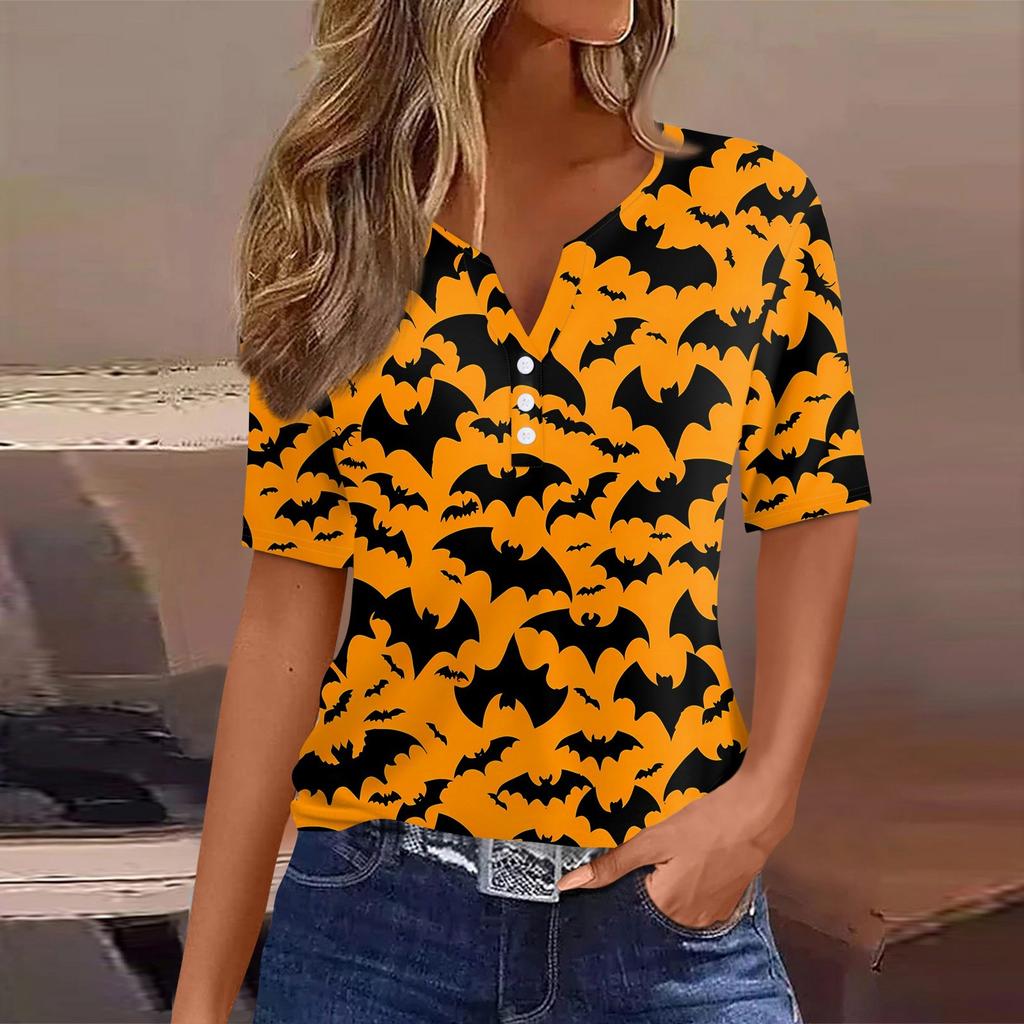 Women's T Shirt Halloween Print Button Short Sleeve Daily Weekend Fashion Basic V- Neck Regular Top