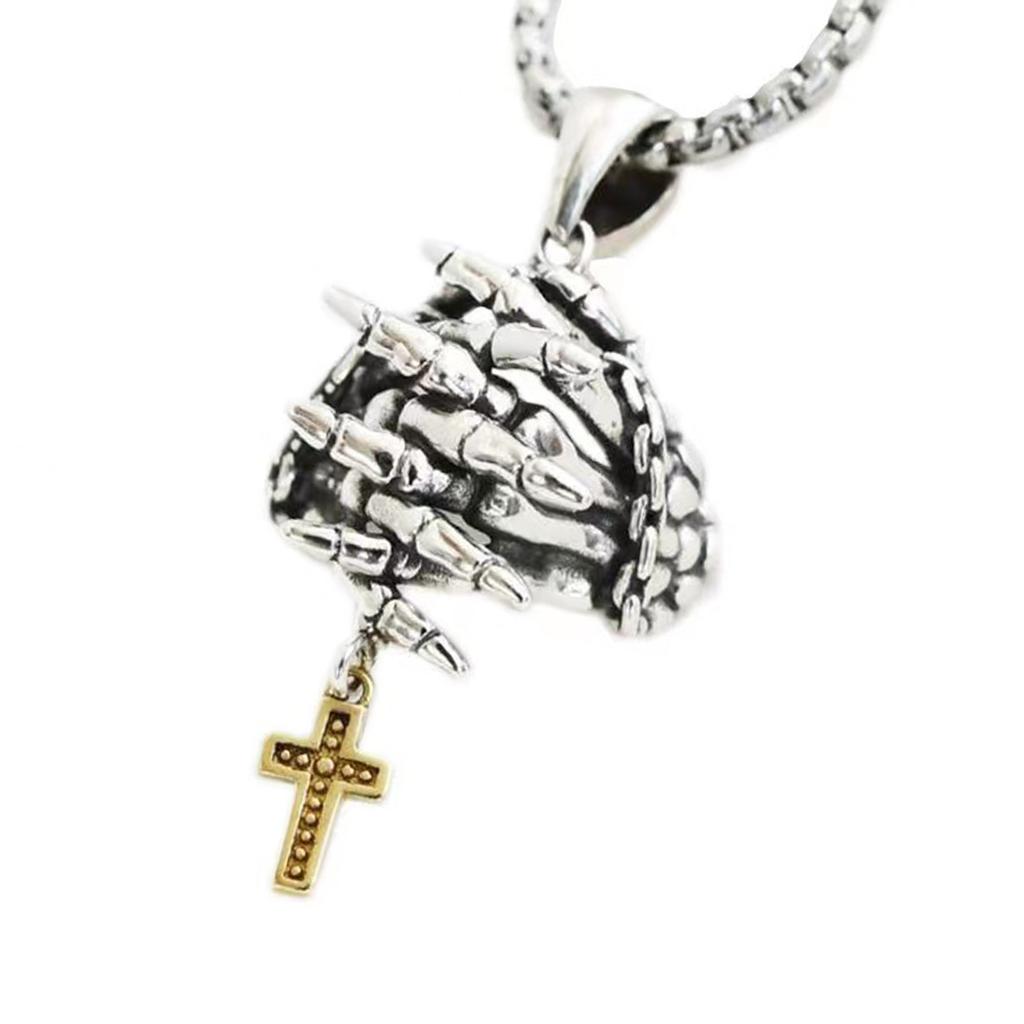 Unique Prayer Hands Skeleton Crucifix Necklace/Pendant Stylish Jewelry for Rock Enthusiasts and Religious Believers