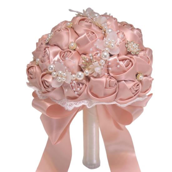 Lightweight Handheld Wedding Flowers Artificial Silk Rose Bridal Bouquet with Chiffon Ribbon, Toss for Ceremony, Vintage Style Floral Keepsake