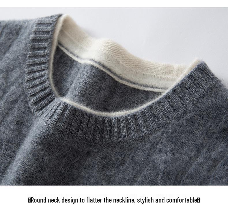 2025 A/W Cashmere Cable Knit Round Neck Sweater with White Trim