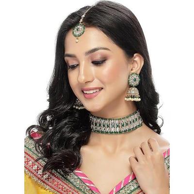 Sporty Gold Plated Green Kundan & Beads Studded Choker Necklace Set With Jhumki Stylish Earring For Women