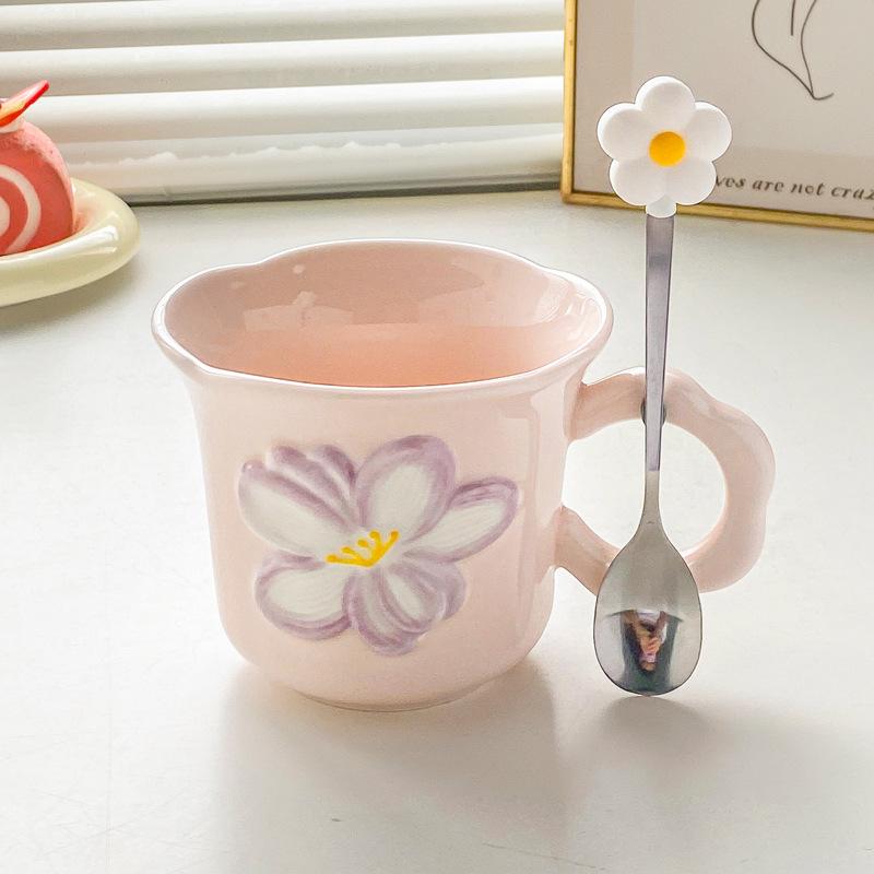Ins Style High Value Flower Mug Girls Office Ceramic Drinking Cup Korean Coffee Cup Milk Cup