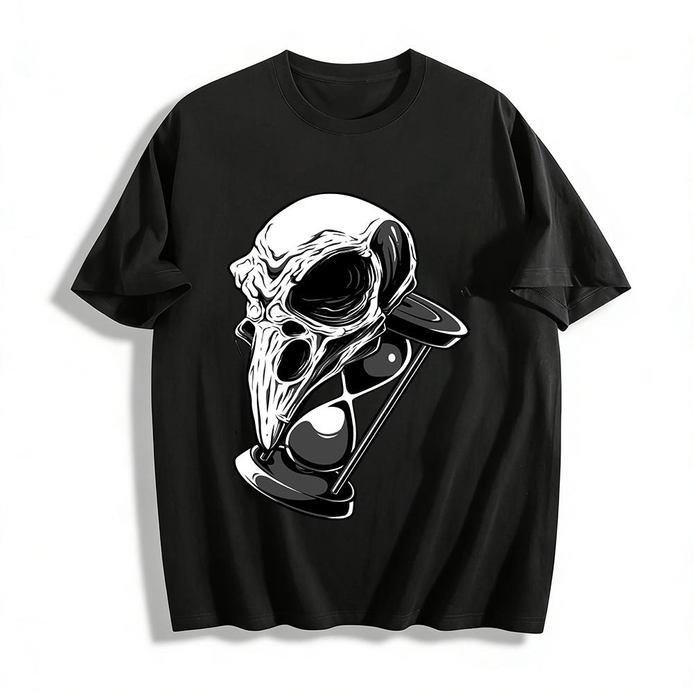 Gothic Bird Skull Hourglass Print Cool Casual Short Sleeve T-Shirt Pure cotton T-shirt XXS