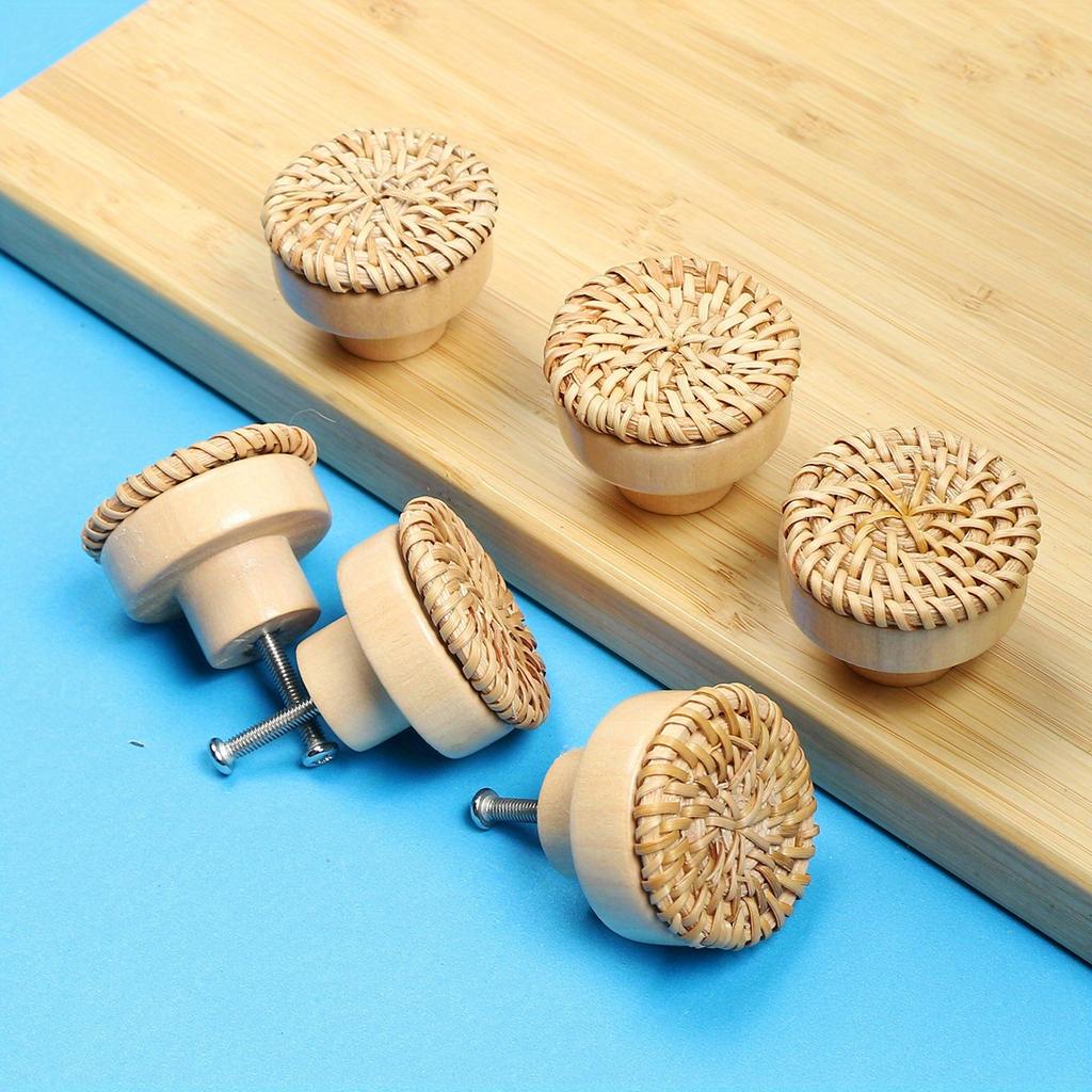 4pcs Retro Rattan Woven Dresser Knobs, Handmade Wicker Woven Pulls With Screws For Cabinets, Drawers