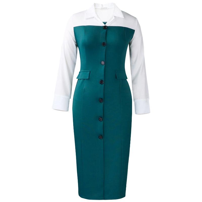 Women Elegant Business Long Sleeve Blazer Collar Patchwork Pencil Midi Dress