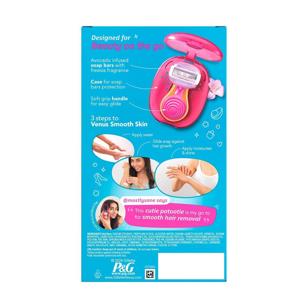 Gillette Venus Snap Hair Remover| Women Body Razor| Pack of 1 | Compact case | Soap gel bar with avocado