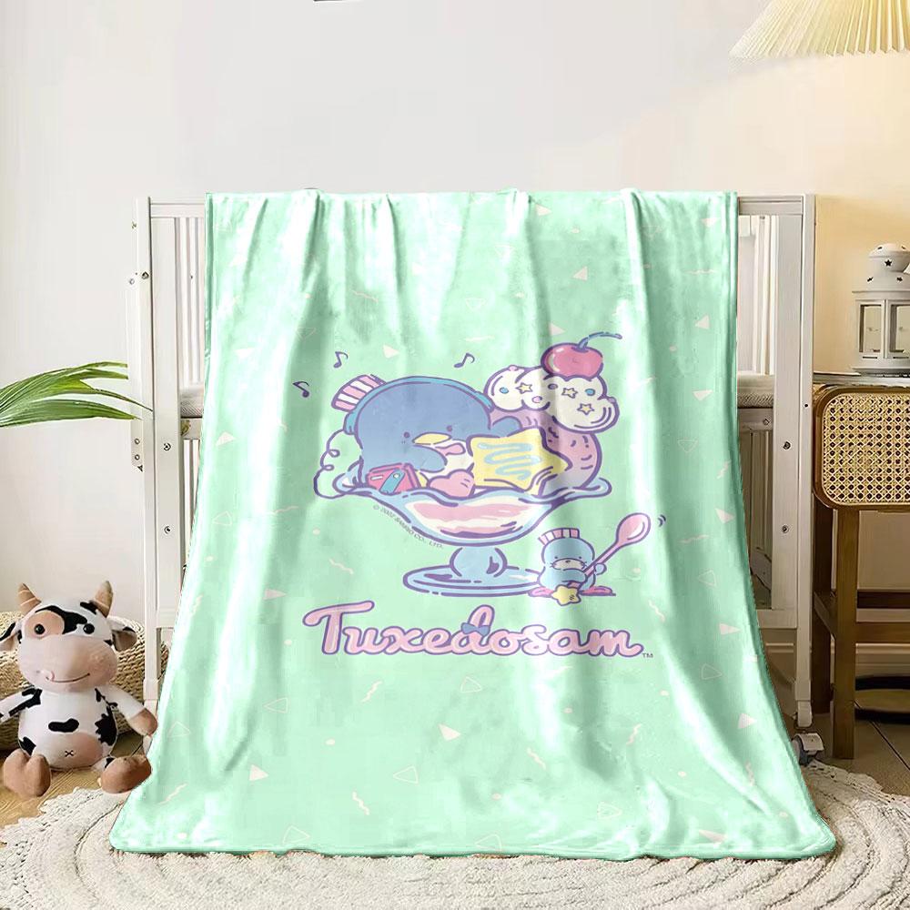 

Cute penguin with ice cream sundae on a pastel green background design. for all seasons blanket lunch break throw gift 80cm x 120cm