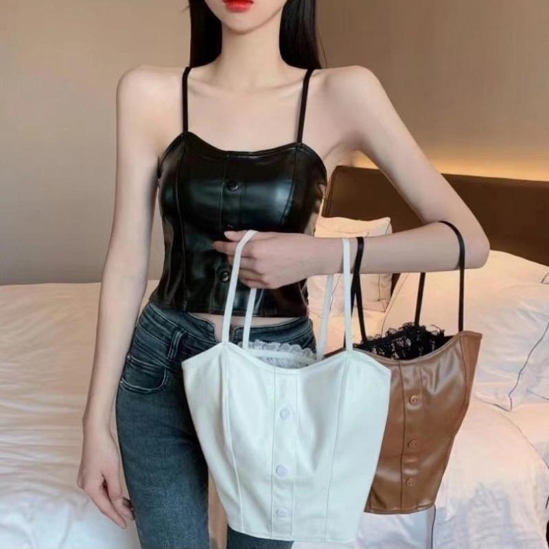 Sexy PU Leather Camisole Top Women Black Sleeveless Vest Bra with Chest Pad Underwear Korean Fashion Streetwear Female Clothes
