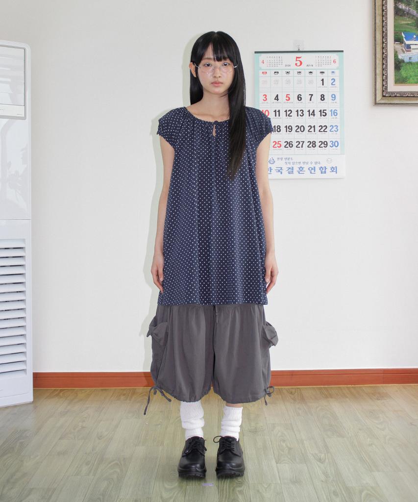 Ronron Button Puff Shirring Dress Navy Dot