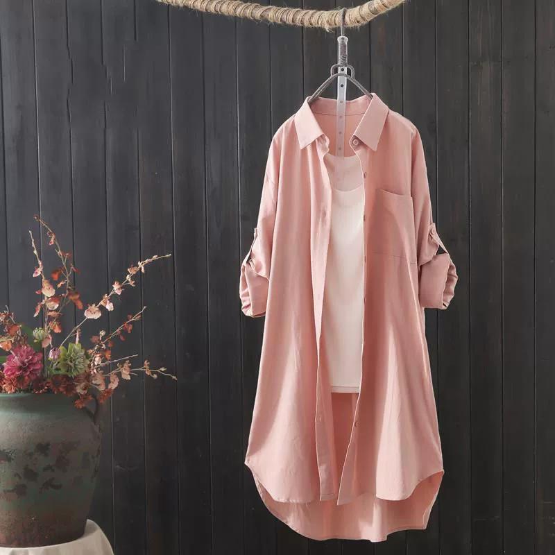 Plus Size Women Simple Long Sleeve Blouse Chic Korean Style Loose Fit Breathable Shirt Casual Autumn Solid Color Midi Tunic Tops