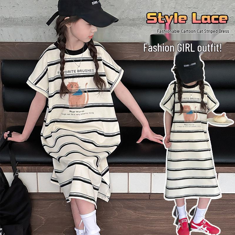 

Girls Striped Cartoon Princess Dress - Summer 2025 Long Casual Dress 140 cm