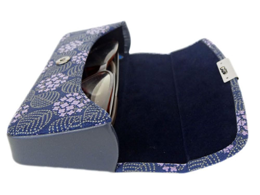 Large Hard Eyeglass Inden Navy Blue Deerskin with Gray Purple Chintz Hydrangea Pattern [Inden-ya] Case, 8007, Misono, Lacquer, Design,