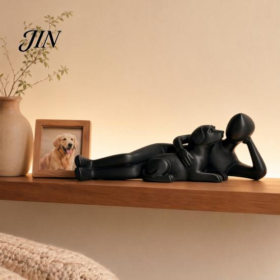 Modern Abstract Art Decor 3D Printed Man Lying on Dog Statue, Minimalist Human Pet Desktop Ornaments for Owners Figurine, Matte Black Sculpture