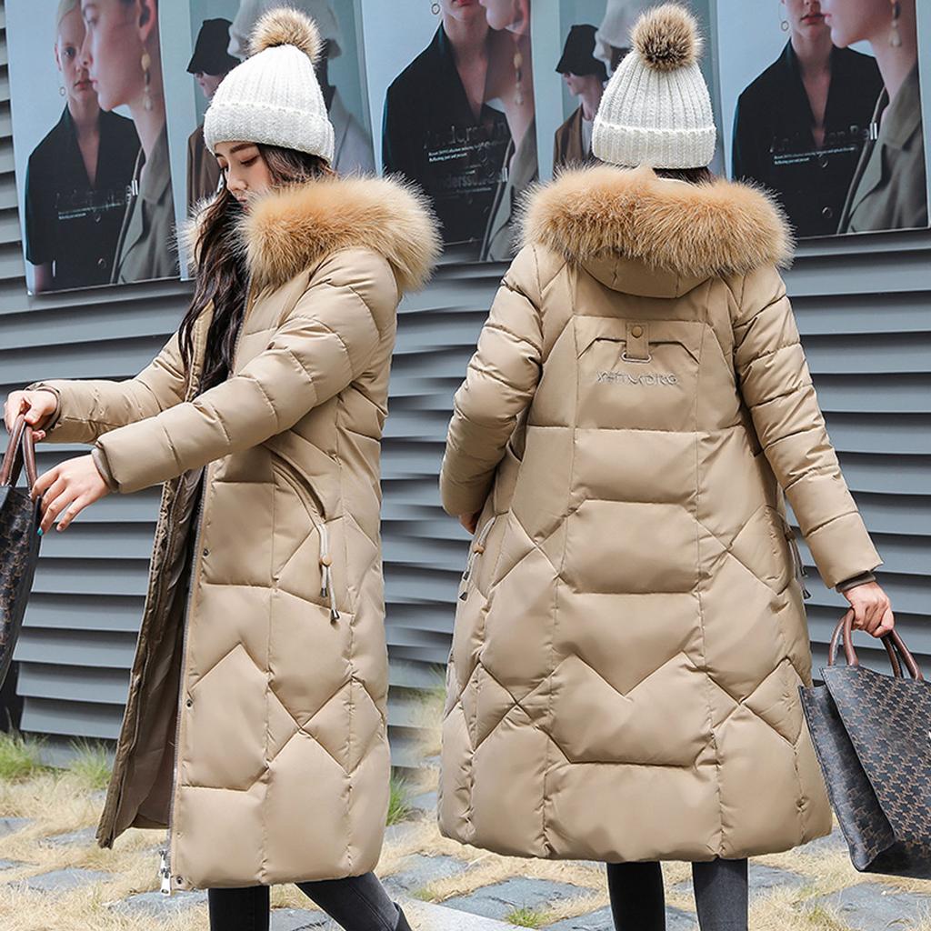 Womens Winter Jacket Warm Overcoat Slim Fur-Hooded Zipper Thicker Coat Outwear